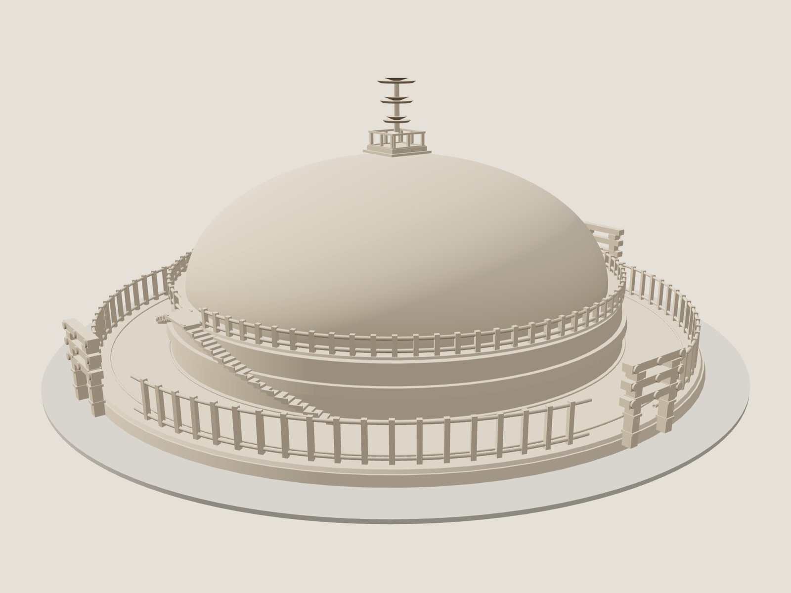 The same model in clay view, a single neutral surface that shows form only