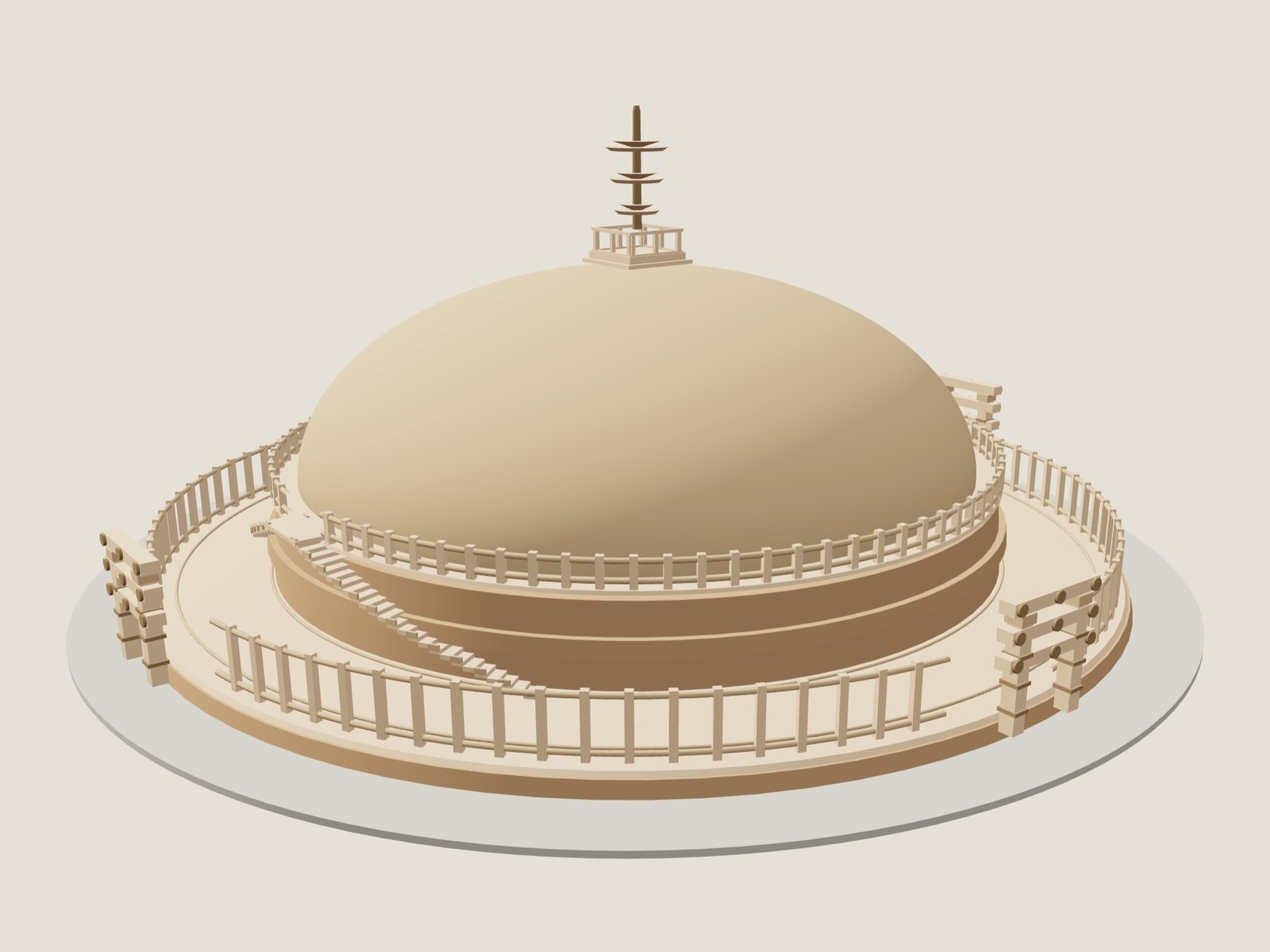 Great Stupa at Sanchi in the 3D Lab, material view: dome, terrace with stair, railings, summit railing, three umbrellas and gateways